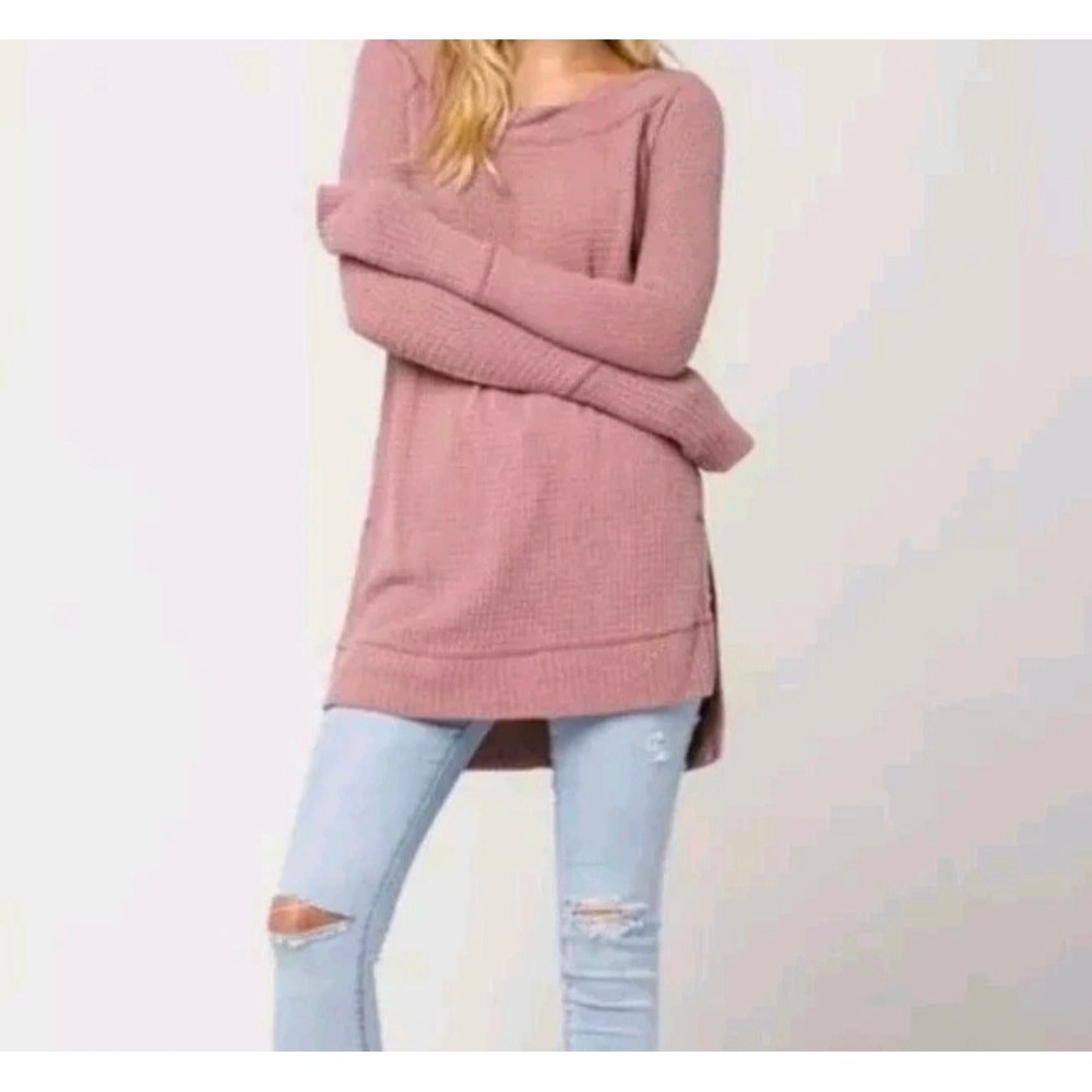 Free People Kate Thermal Top Waffle Knit Tunic Mauve XS fitted